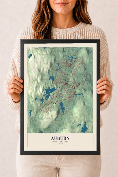 Auburn, Massachusetts map print - 12 x 18 black Ayous wood frame