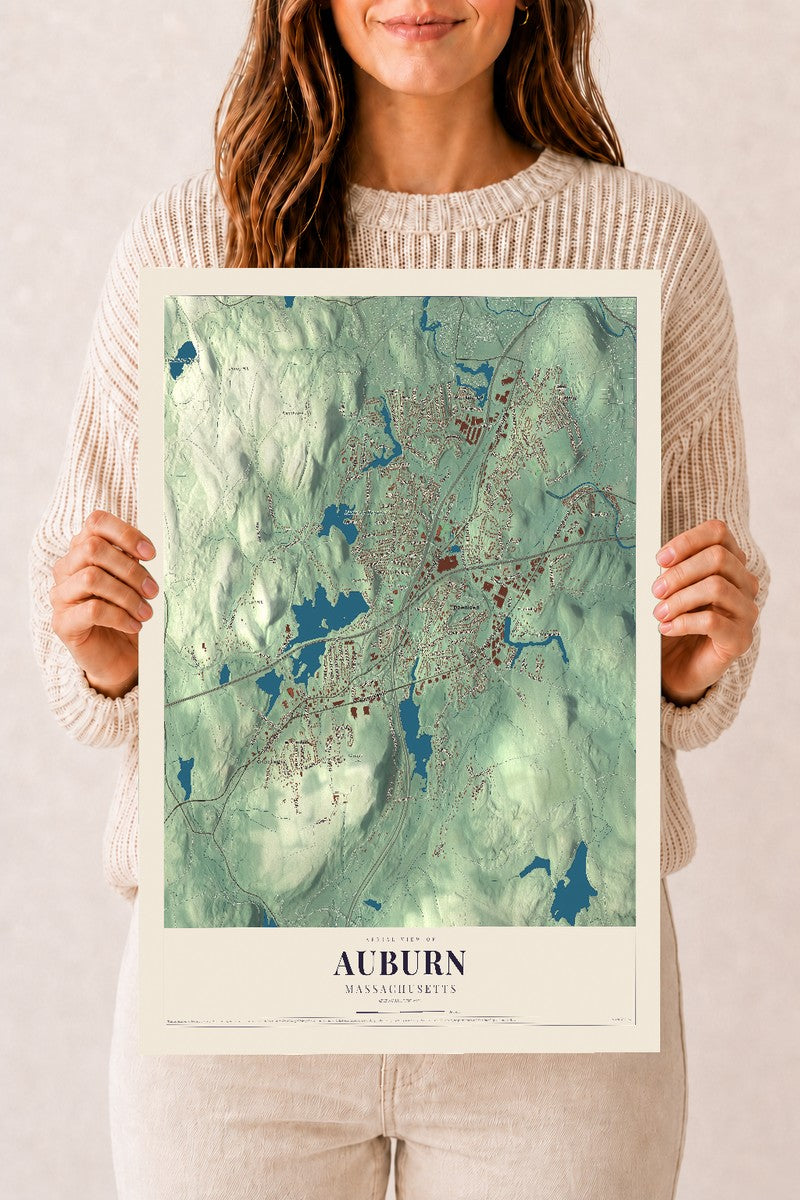 Auburn, Massachusetts map print - 12 x 18 archival matte print