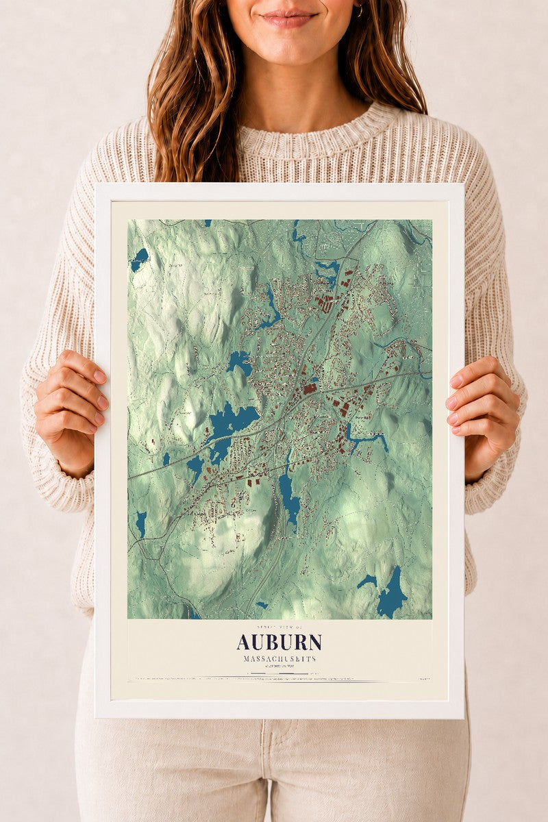 Auburn, Massachusetts map print - 12 x 18 white Ayous wood frame
