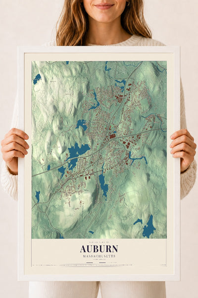 Auburn, Massachusetts map print - 18 x 24 white Ayous wood frame