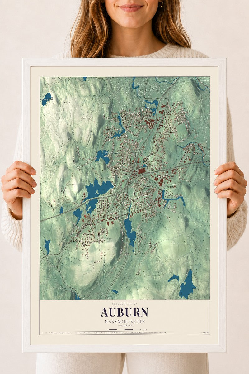 Auburn, Massachusetts map print - 18 x 24 white Ayous wood frame