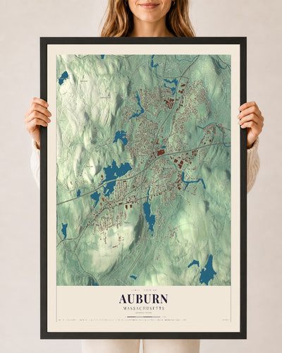 Auburn, Massachusetts map print - 24 x 36 black Ayous wood frame