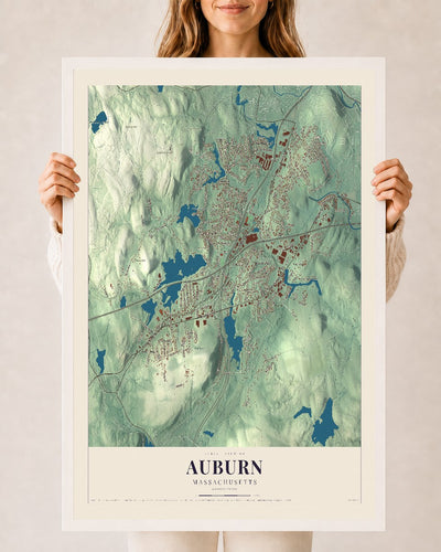 Auburn, Massachusetts map print - 24 x 36 white Ayous wood frame
