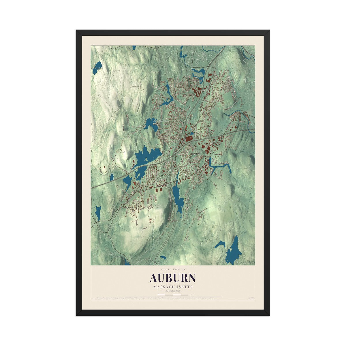 Map of Auburn, Massachusetts, 12 x 18 inch print in a black wood frame
