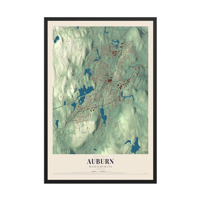 Map of Auburn, Massachusetts, 12 x 18 inch print in a black wood frame
