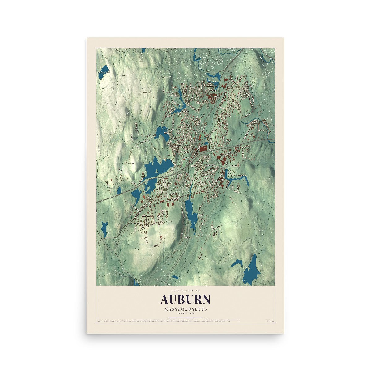 Map of Auburn, Massachusetts, 12 x 18 inch unframed archival matte print