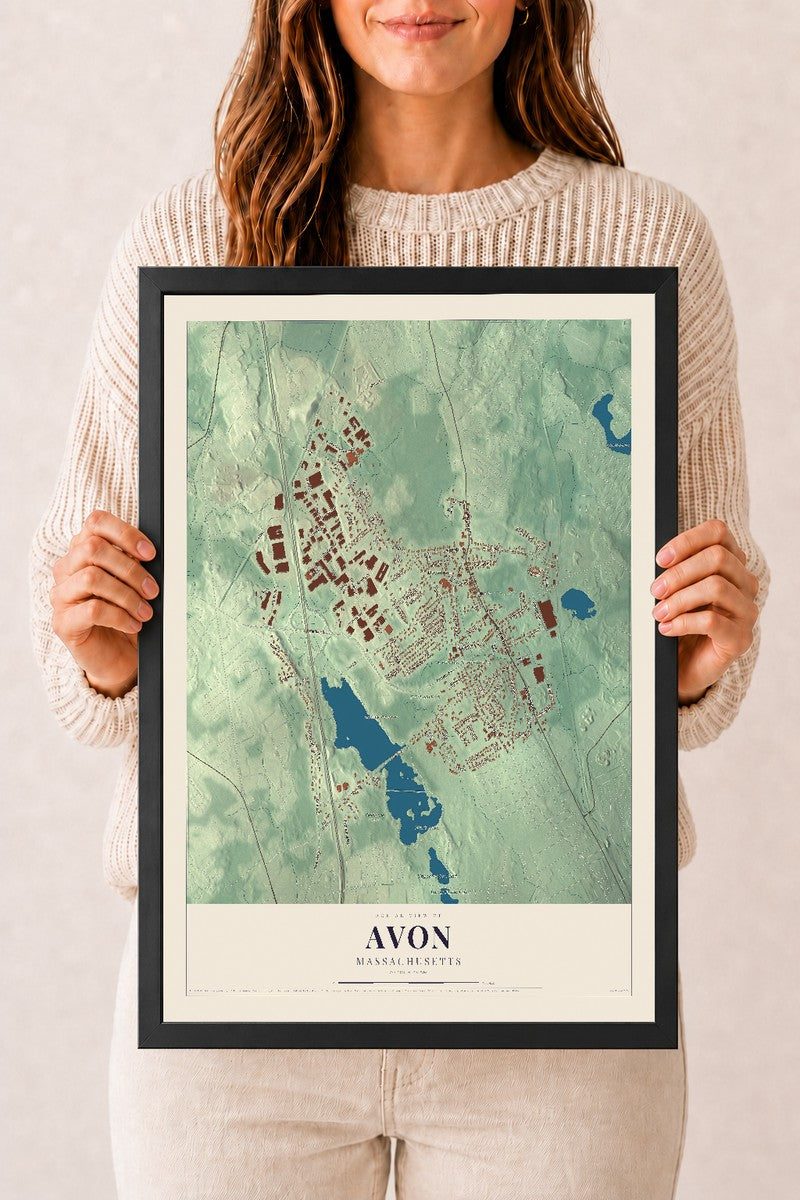 Avon, Massachusetts map print - 12 x 18 black Ayous wood frame