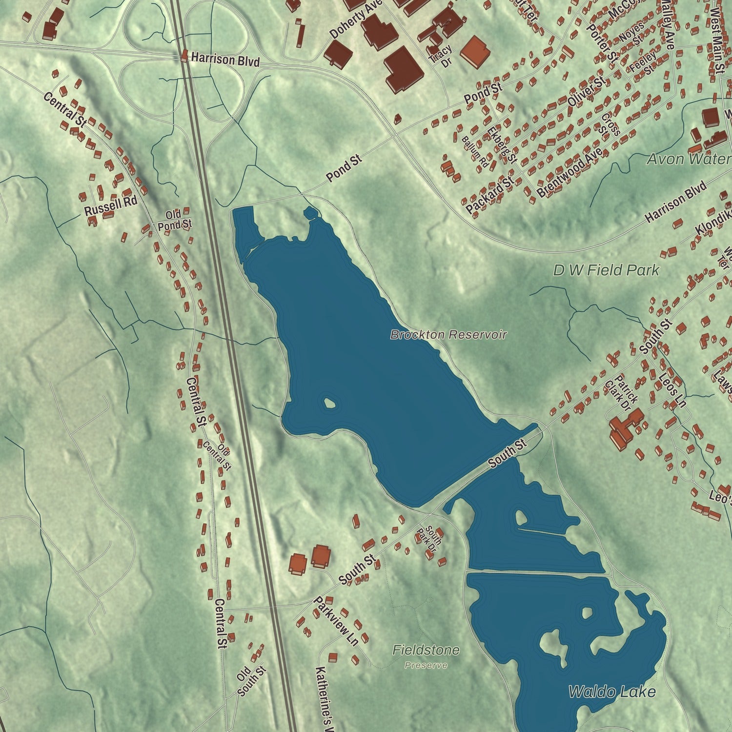 Terrain and local geography detail from the Avon, Massachusetts map