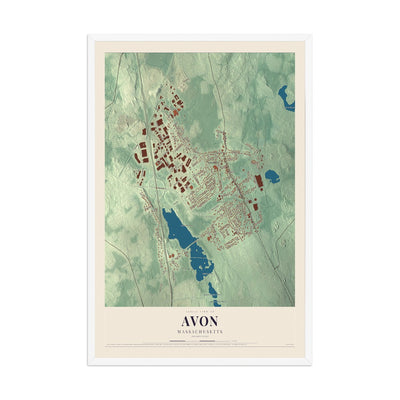 Map of Avon, Massachusetts, 12 x 18 inch print in a white wood frame