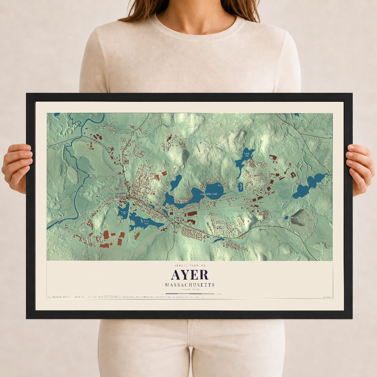 Ayer, Massachusetts map print - 12 x 18 black Ayous wood frame