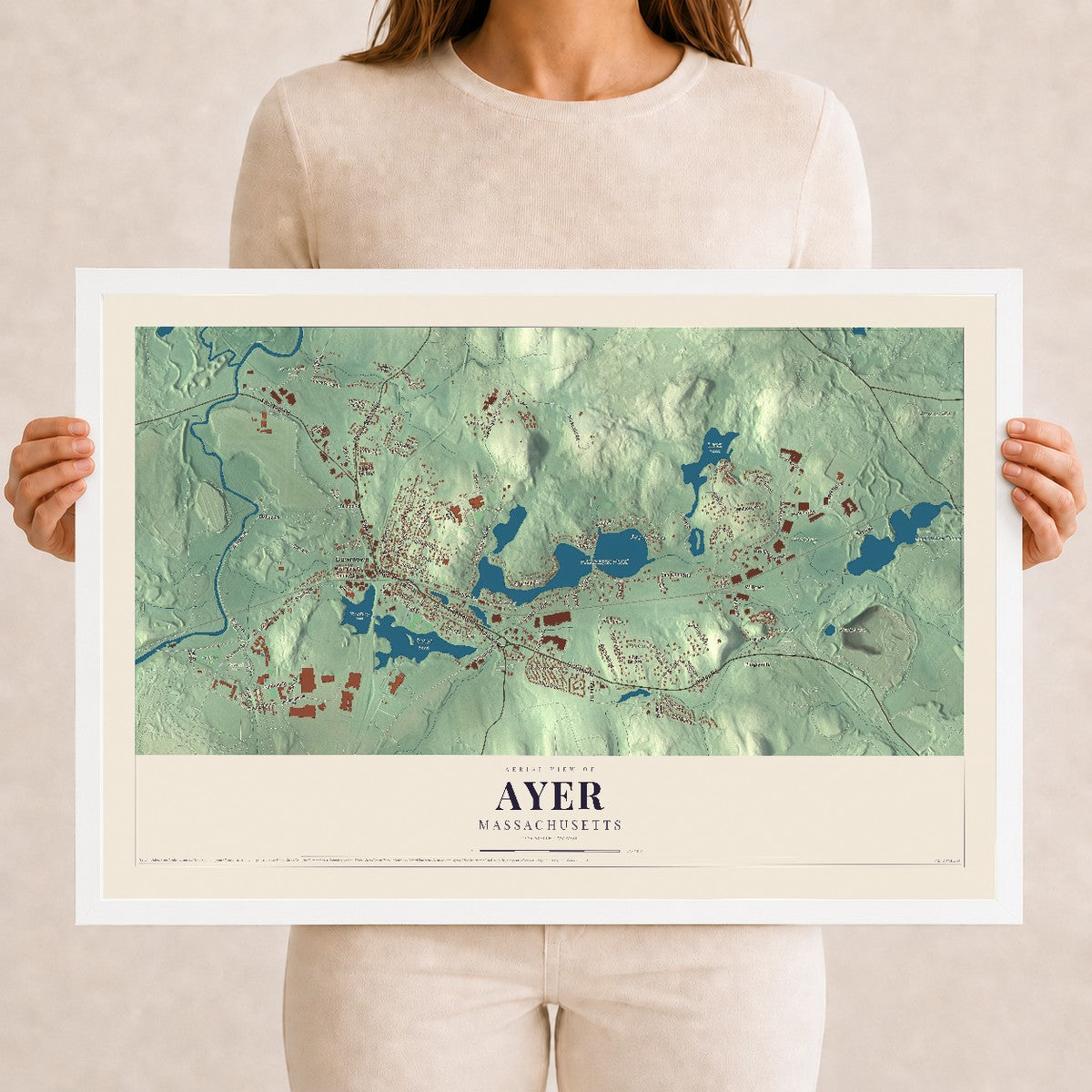 Ayer, Massachusetts map print - 12 x 18 white Ayous wood frame