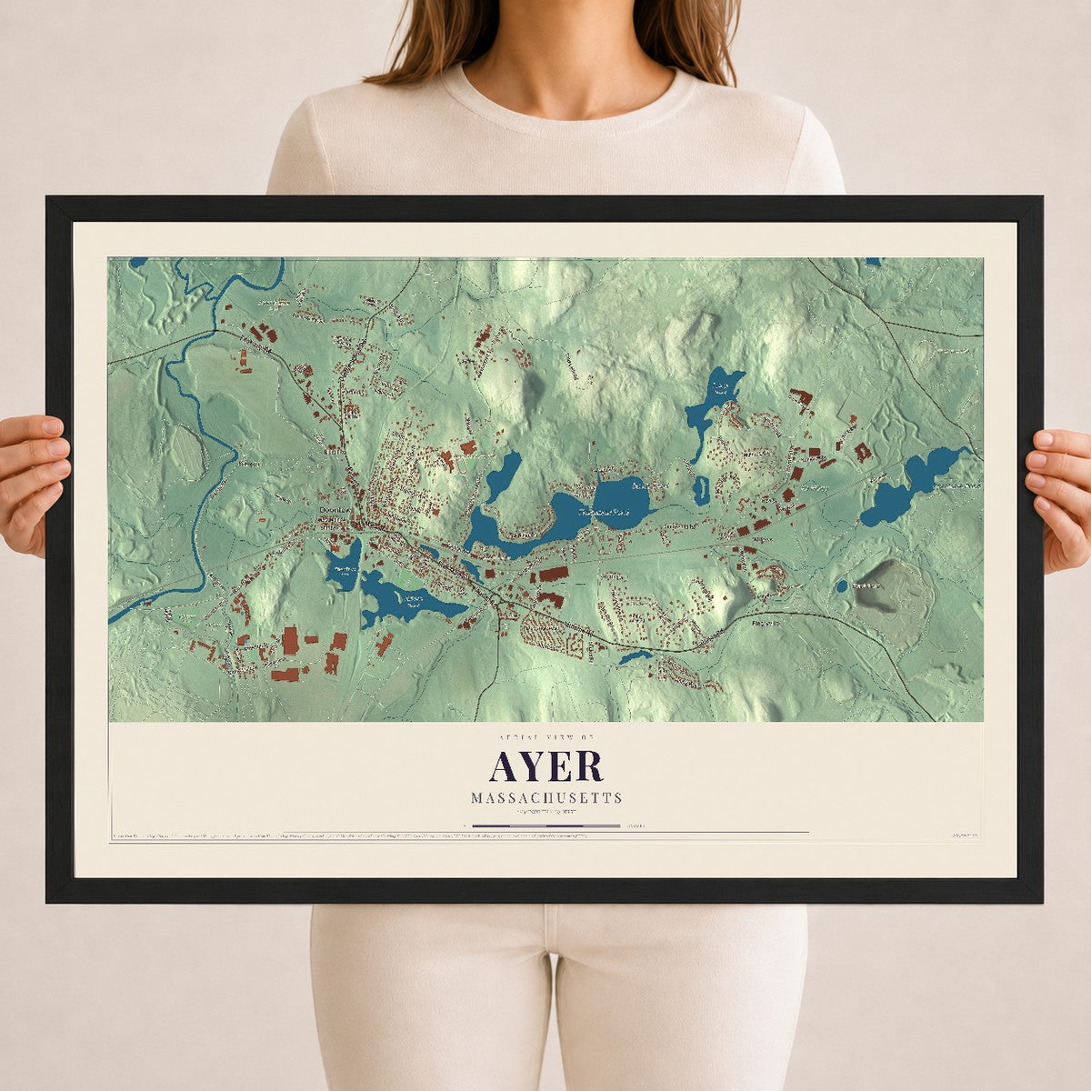 Ayer, Massachusetts map print - 18 x 24 black Ayous wood frame
