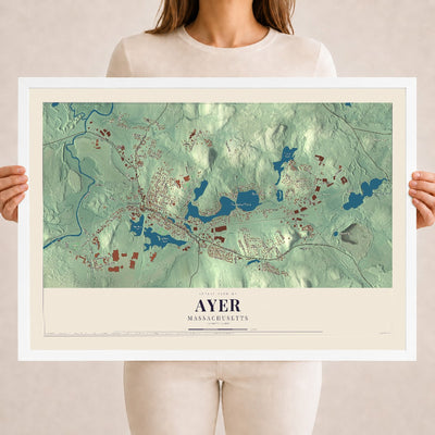 Ayer, Massachusetts map print - 18 x 24 white Ayous wood frame