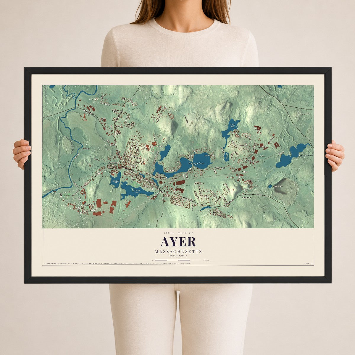 Ayer, Massachusetts map print - 24 x 36 black Ayous wood frame