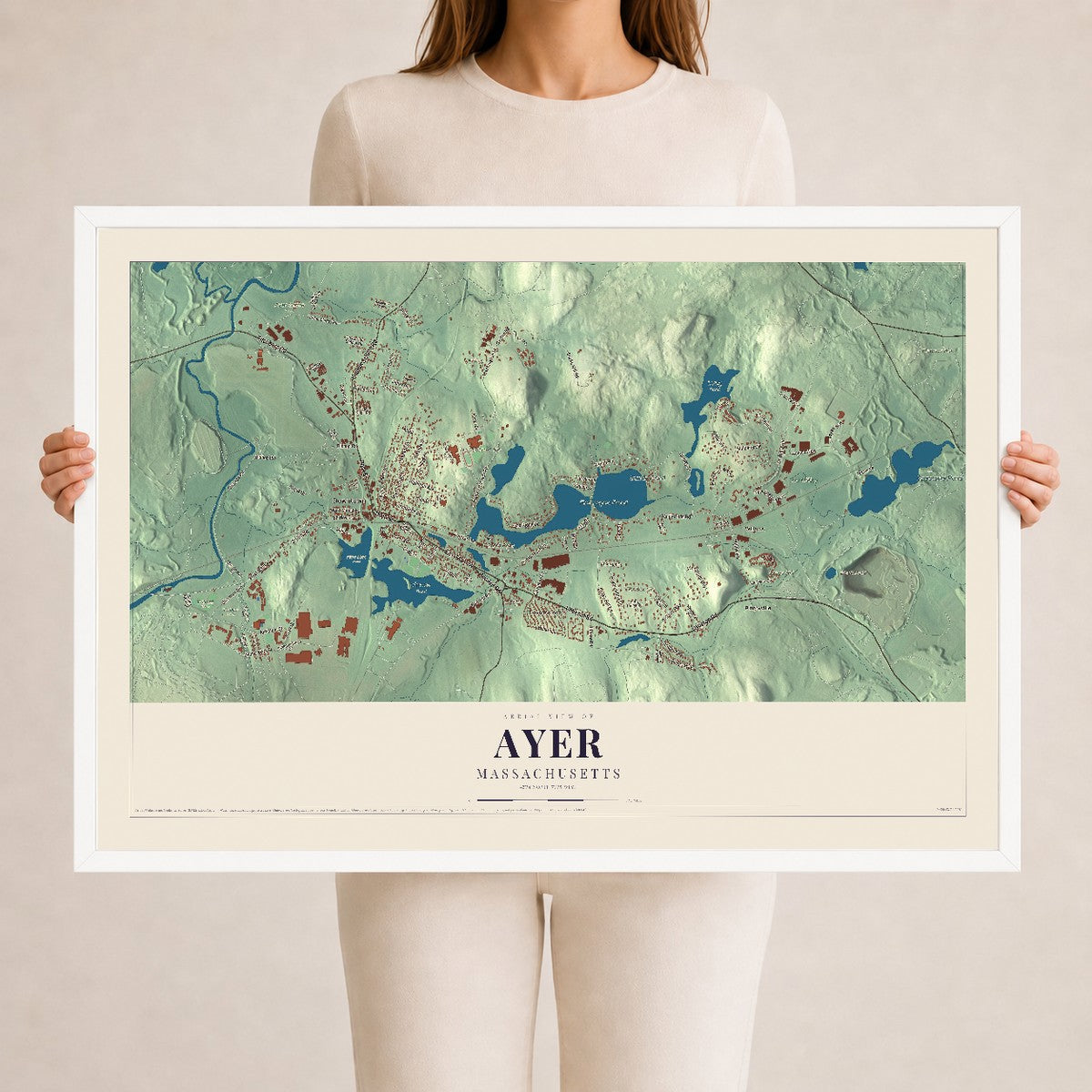 Ayer, Massachusetts map print - 24 x 36 white Ayous wood frame