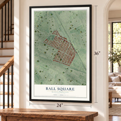 Ball Square, Massachusetts map, 24 x 36 inch print in a black frame by a staircase