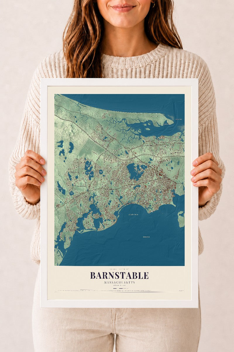 Barnstable, Massachusetts map print - 12 x 18 white Ayous wood frame