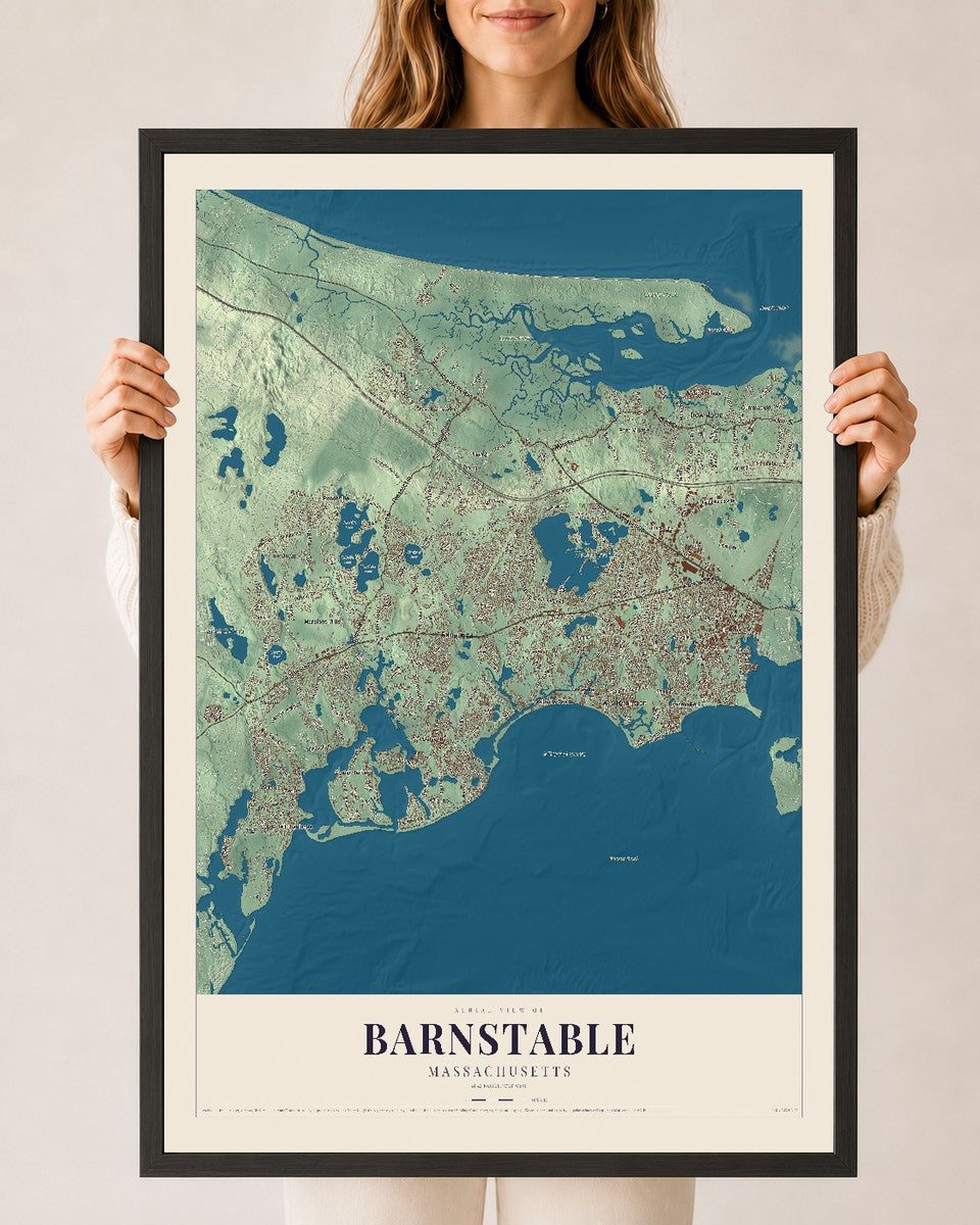 Barnstable, Massachusetts map print - 24 x 36 black Ayous wood frame
