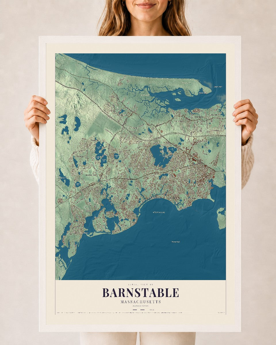 Barnstable, Massachusetts map print - 24 x 36 white Ayous wood frame