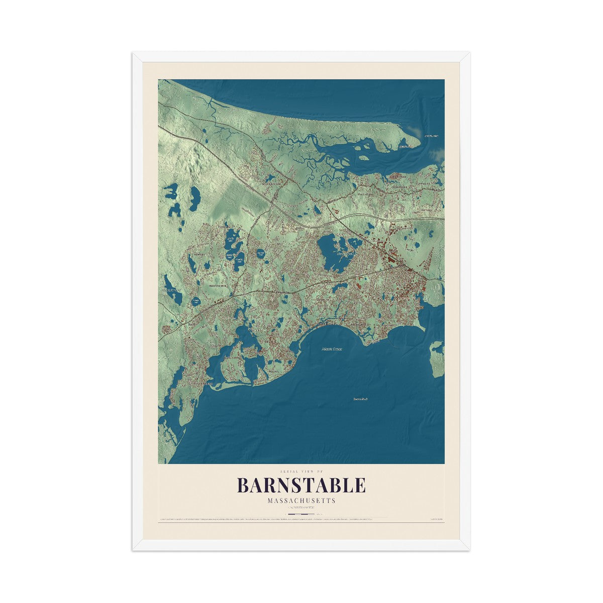 Map of Barnstable, Massachusetts, 12 x 18 inch print in a white wood frame