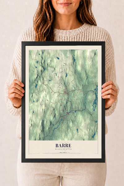 Barre, Massachusetts map print - 12 x 18 black Ayous wood frame