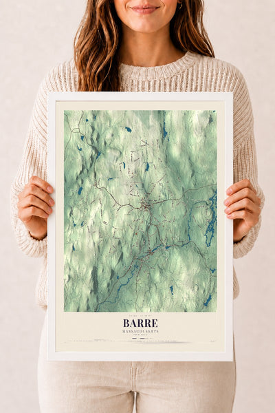 Barre, Massachusetts map print - 12 x 18 white Ayous wood frame