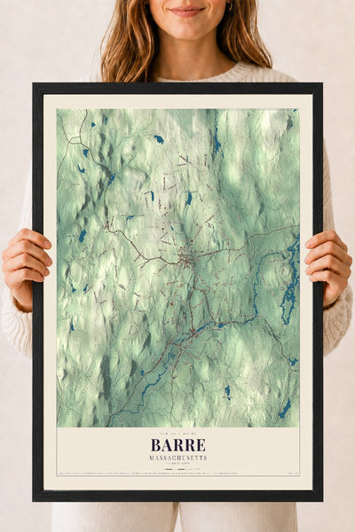 Barre, Massachusetts map print - 18 x 24 black Ayous wood frame