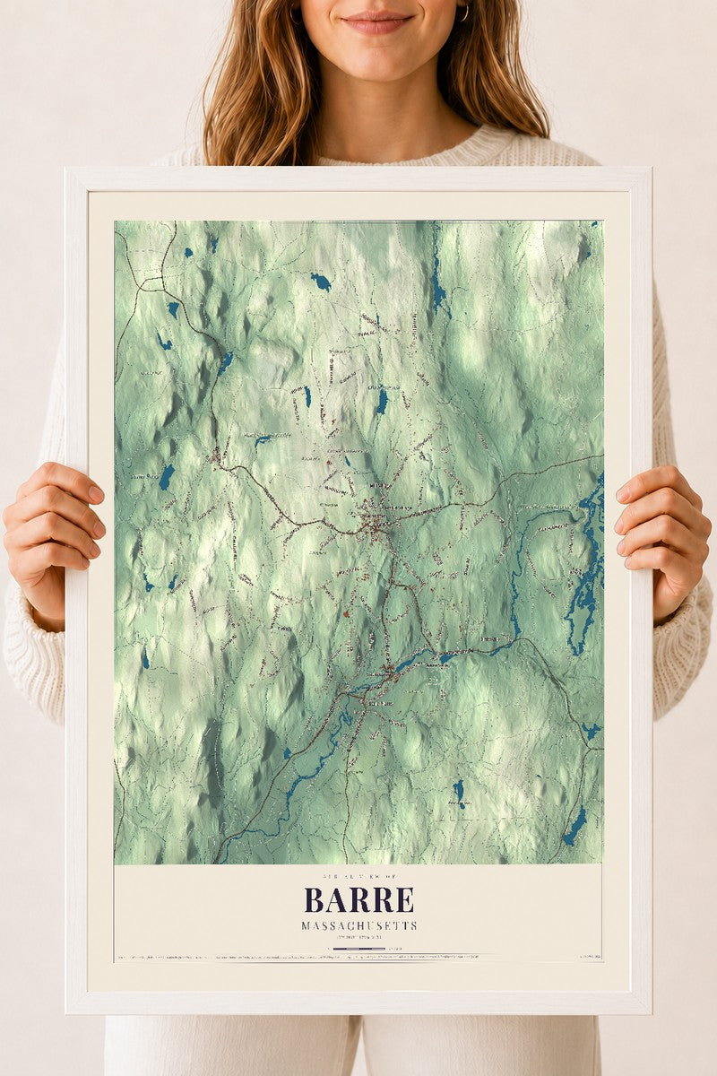 Barre, Massachusetts map print - 18 x 24 white Ayous wood frame