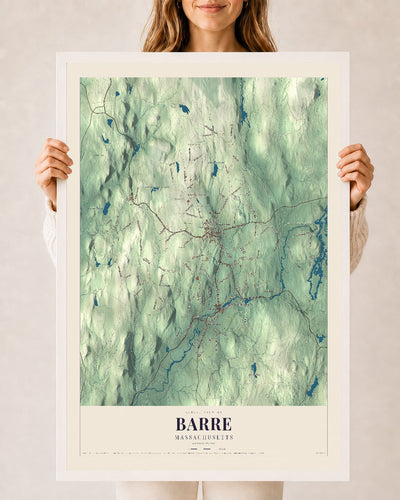 Barre, Massachusetts map print - 24 x 36 white Ayous wood frame