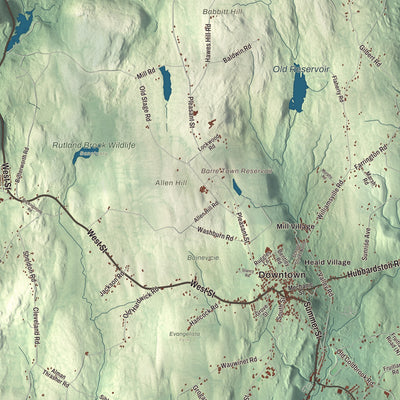 Terrain and local geography detail from the Barre, Massachusetts map