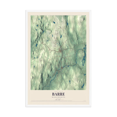 Map of Barre, Massachusetts, 12 x 18 inch print in a white wood frame
