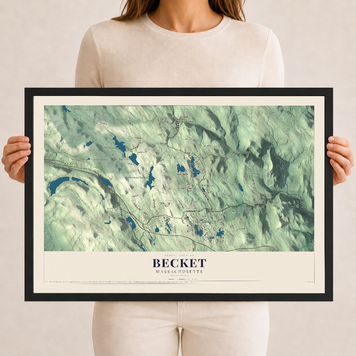 Becket, Massachusetts map print - 12 x 18 black Ayous wood frame