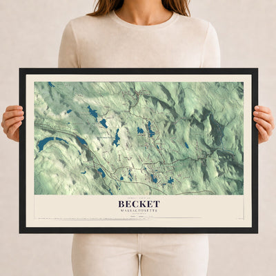 Becket, Massachusetts map print - 12 x 18 black Ayous wood frame