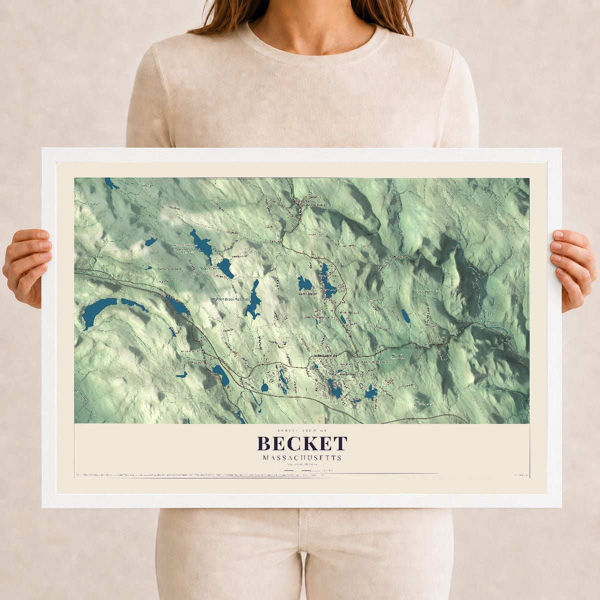 Becket, Massachusetts map print - 12 x 18 white Ayous wood frame