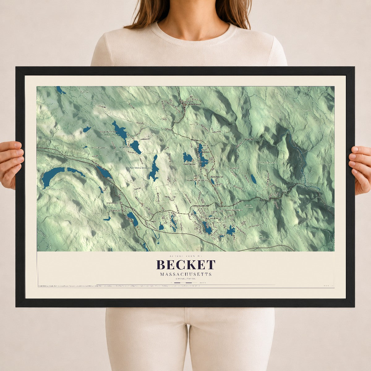 Becket, Massachusetts map print - 18 x 24 black Ayous wood frame