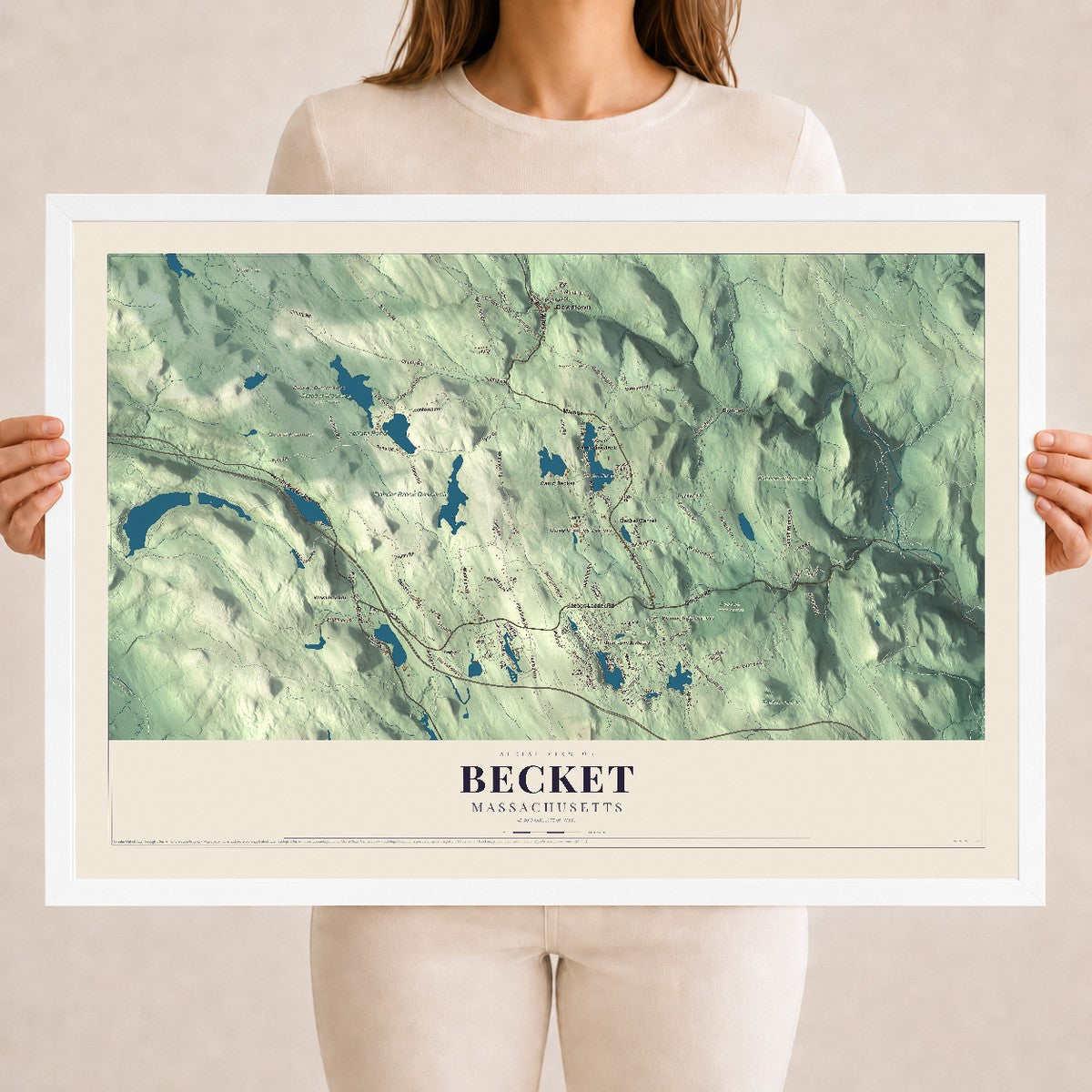 Becket, Massachusetts map print - 18 x 24 white Ayous wood frame