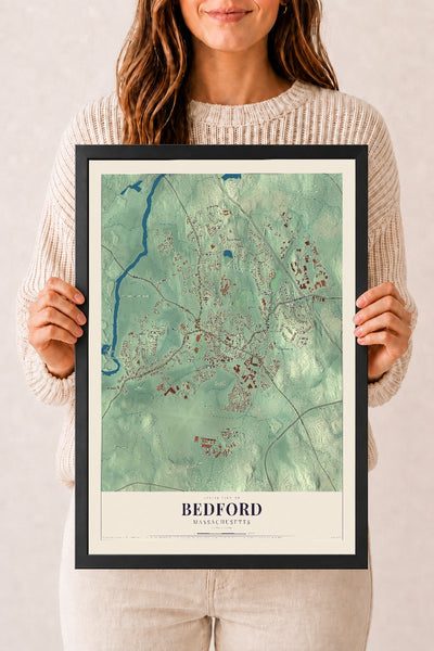 Bedford, Massachusetts map print - 12 x 18 black Ayous wood frame