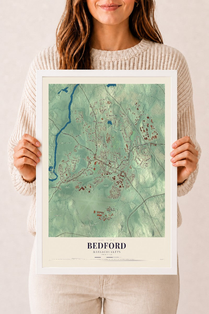 Bedford, Massachusetts map print - 12 x 18 white Ayous wood frame