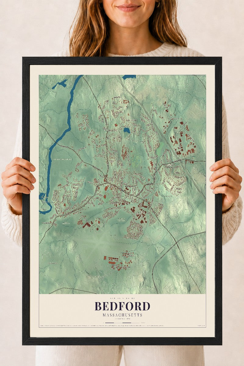 Bedford, Massachusetts map print - 18 x 24 black Ayous wood frame