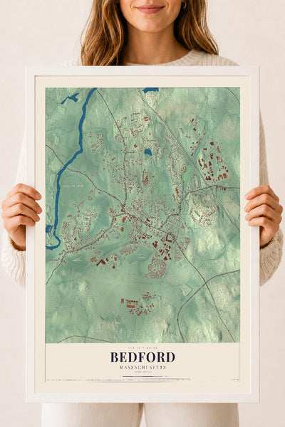 Bedford, Massachusetts map print - 18 x 24 white Ayous wood frame