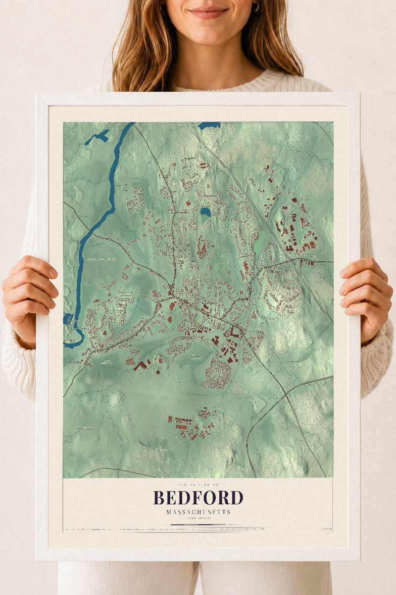 Bedford, Massachusetts map print - 18 x 24 white Ayous wood frame