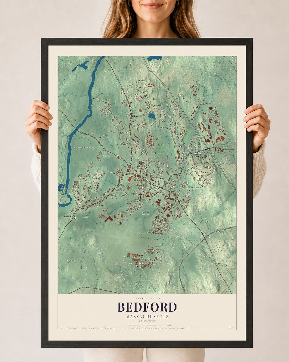 Bedford, Massachusetts map print - 24 x 36 black Ayous wood frame
