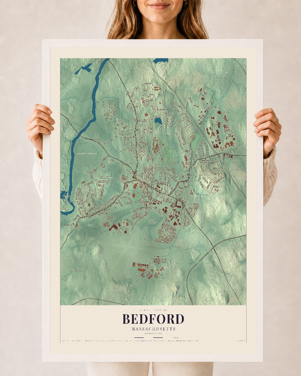 Bedford, Massachusetts map print - 24 x 36 white Ayous wood frame