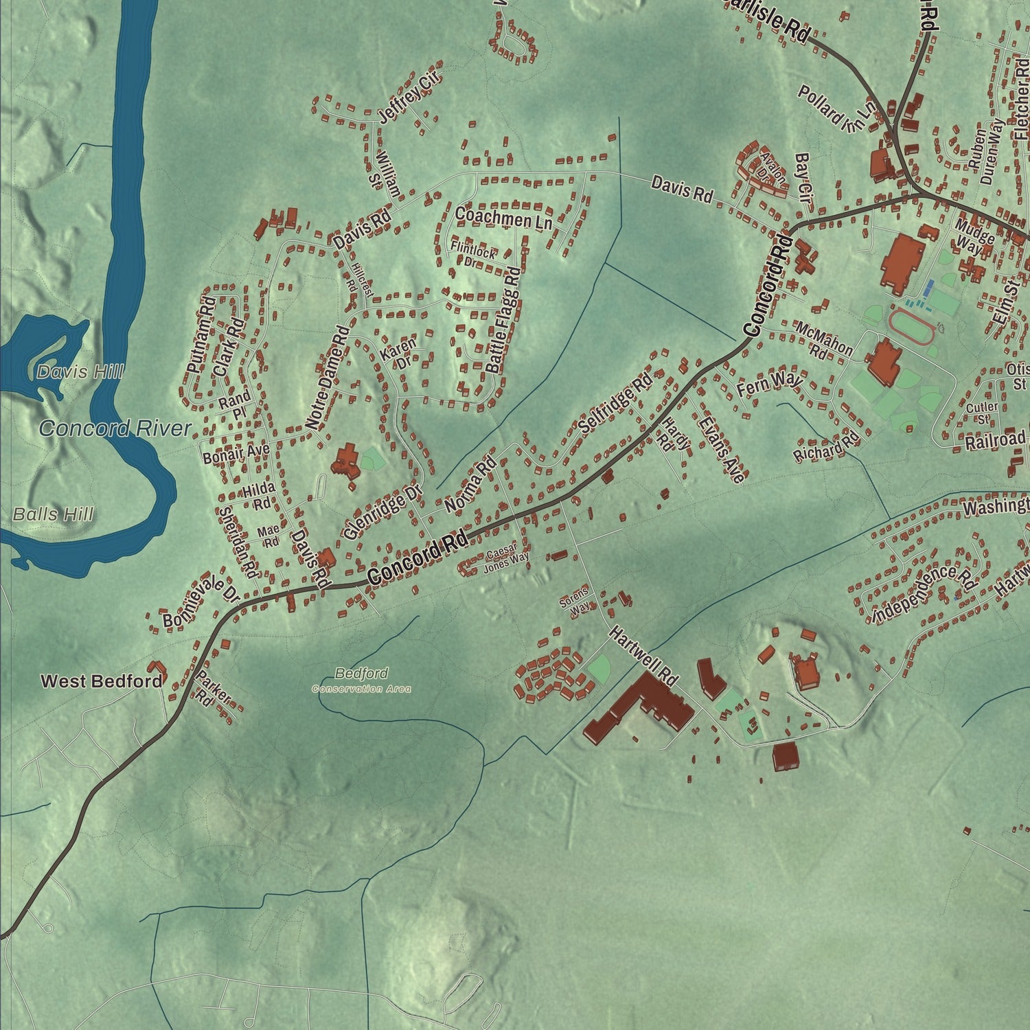 Terrain and local geography detail from the Bedford, Massachusetts map