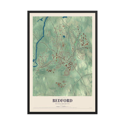 Map of Bedford, Massachusetts, 12 x 18 inch print in a black wood frame