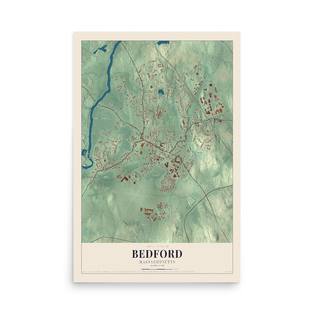 Map of Bedford, Massachusetts, 12 x 18 inch unframed archival matte print