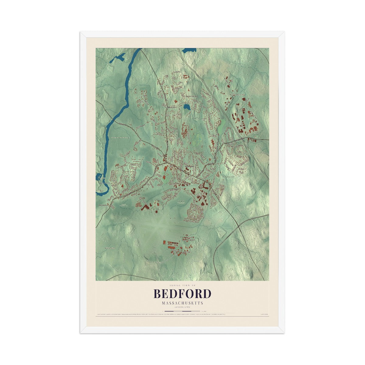 Map of Bedford, Massachusetts, 12 x 18 inch print in a white wood frame