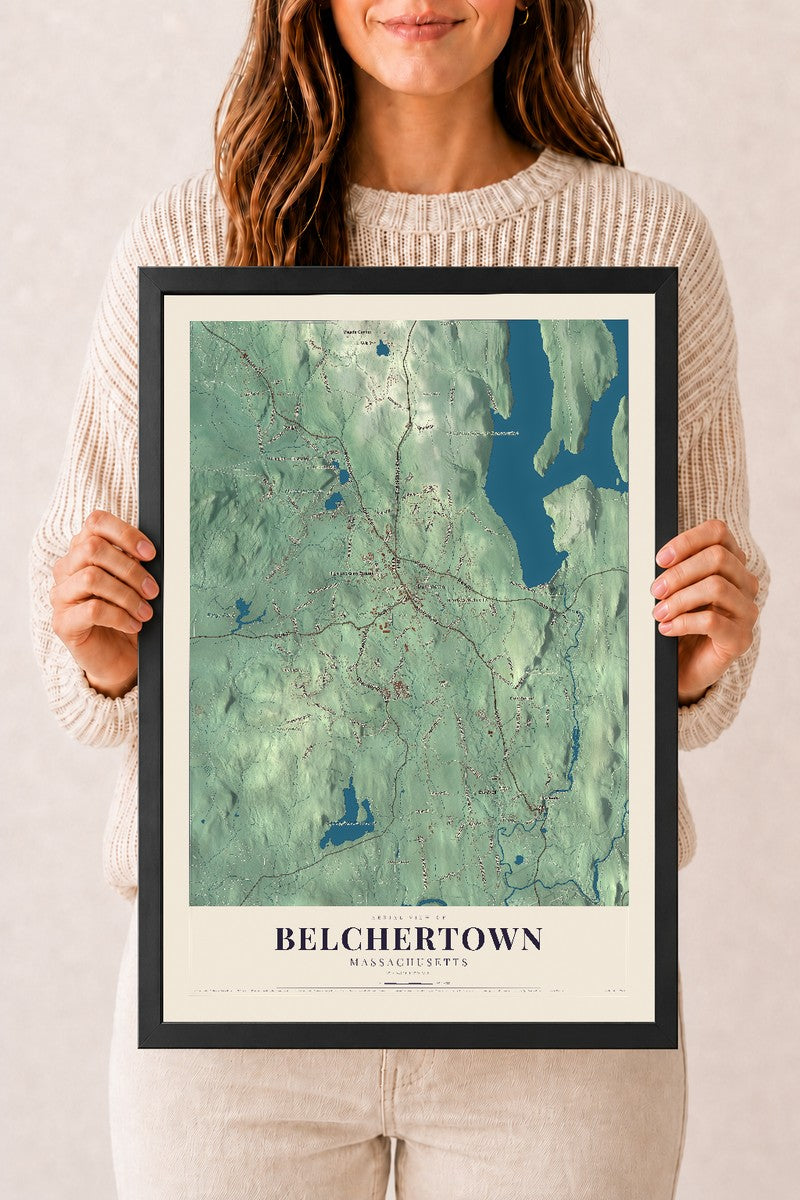 Belchertown, Massachusetts map print - 12 x 18 black Ayous wood frame