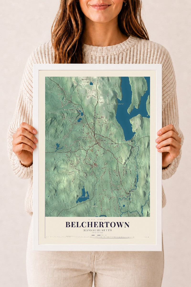Belchertown, Massachusetts map print - 12 x 18 white Ayous wood frame
