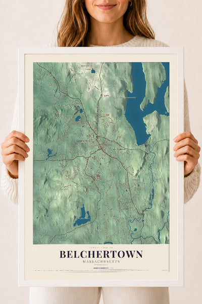 Belchertown, Massachusetts map print - 18 x 24 white Ayous wood frame